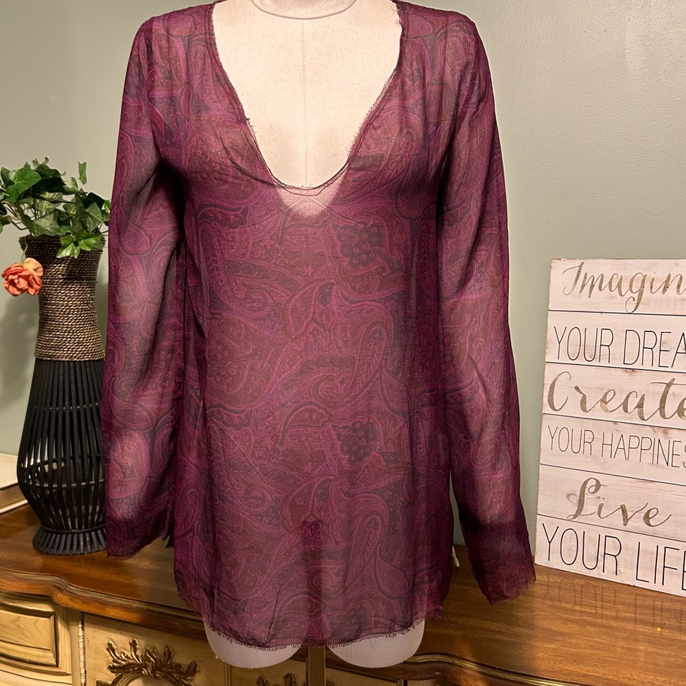 Winter Kate Purple Blue Paisley SILK Raw Hem Sheer Silk Blouse Tunic NEW NWT